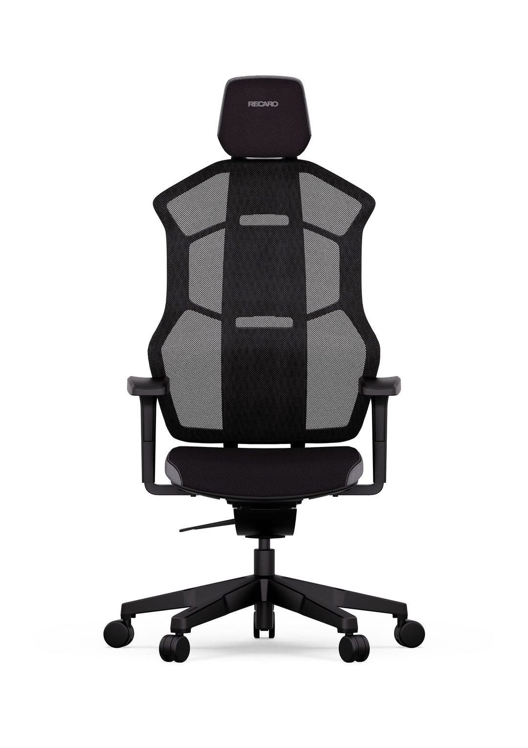 Der RECARO Aer Bürostuhl aus dem RECARO Shop verfügt über eine Netzrückenlehne, eine Kopfstütze, ein schwarzes Gestell, Armlehnen, Premium-Polsterschaum für zusätzlichen Komfort und ein Fünf-Rollen-Fußkreuz für leichte Mobilität.