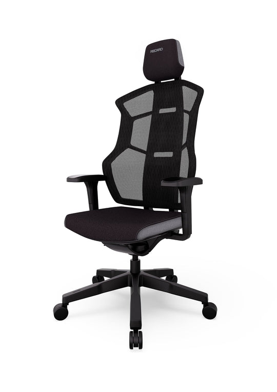 Der RECARO Aer von RECARO Shop ist ein moderner ergonomischer Bürostuhl mit Mesh-Rückenlehne, verstellbarer Kopfstütze und Armlehnen, hochwertigem Schaumstoffsitz und einem schwarzen Fünf-Rollen-Fußkreuz für leichte Mobilität. Hergestellt in Deutschland.