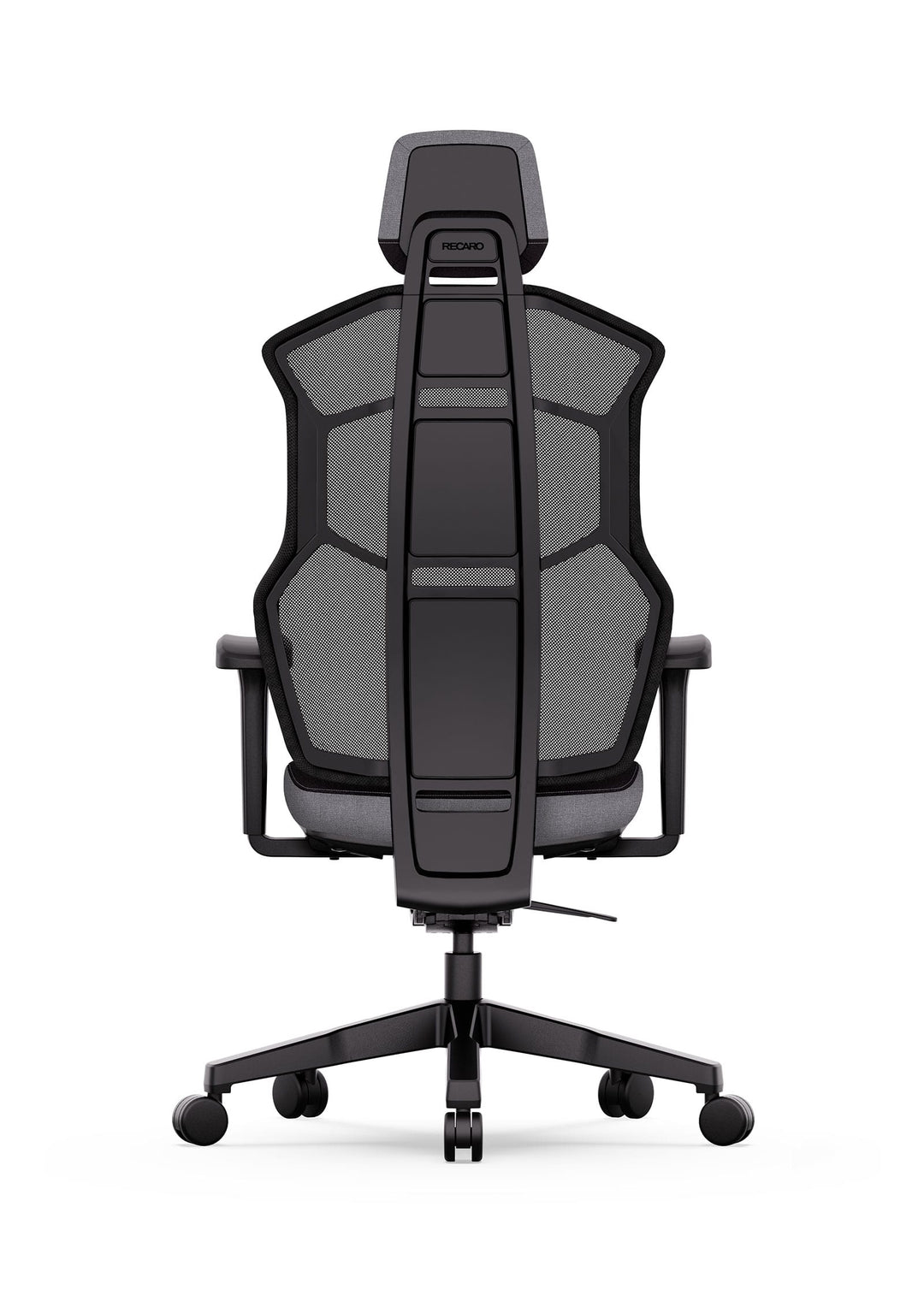 Der RECARO Aer von RECARO Shop ist ein ergonomischer Bürostuhl mit schwarzer Netzrückenlehne, verstellbarer Kopfstütze und Lendenwirbelstütze. Er verfügt über ein schwarzes Fünf-Rollen-Fußkreuz und ein modernes, kantiges Design, hier von hinten.