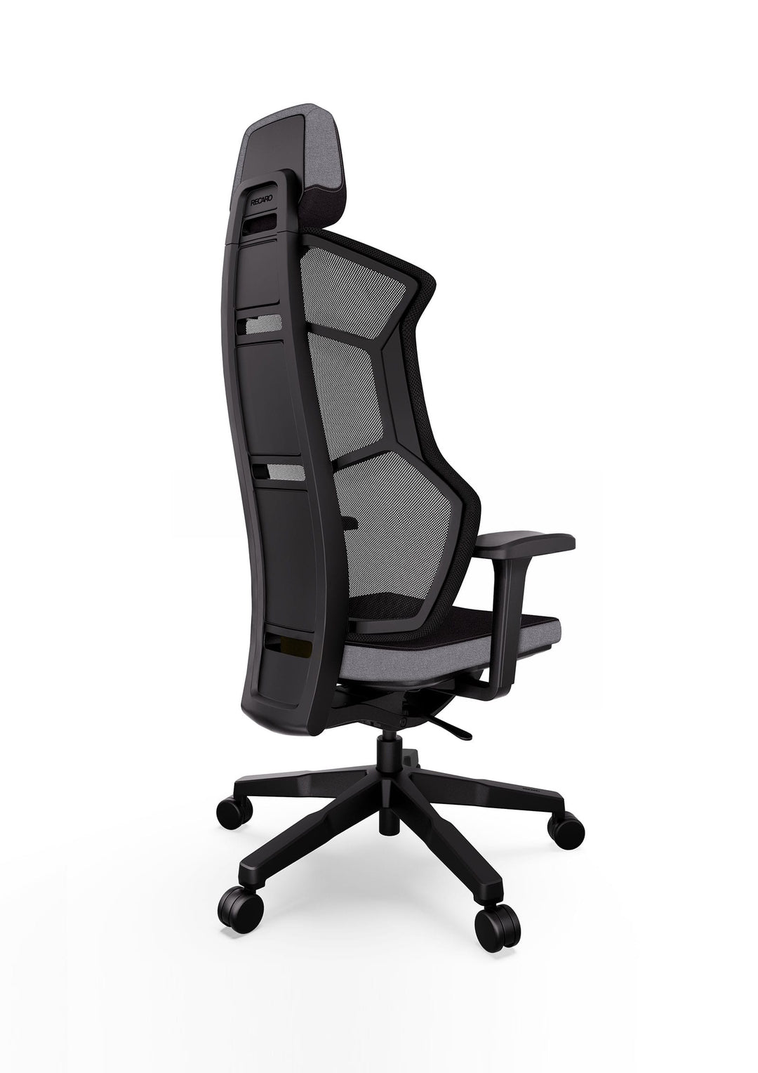 Der RECARO Aer von RECARO Shop ist ein moderner ergonomischer Bürostuhl mit Netzrückenlehne, verstellbaren Armlehnen und einem Fünf-Rollen-Fußkreuz aus Premium-Polsterschaum, hier im Seitenprofil auf weißem Grund.