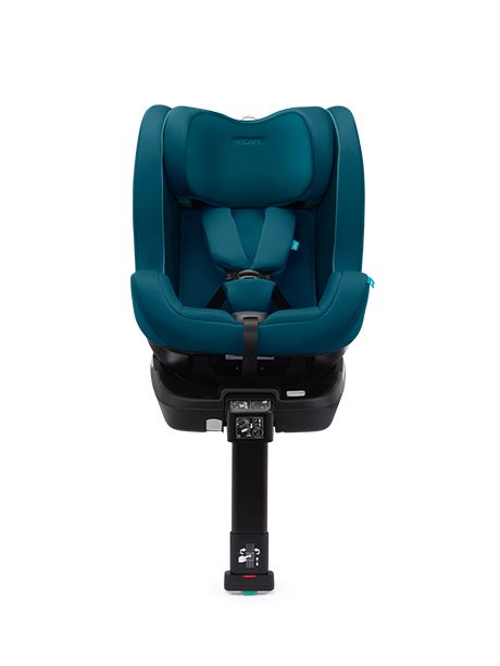 Ein blaugrüner umbaubarer Autositz RECARO Salia 125 aus dem RECARO Shop mit Fünfpunktgurt, Kopfstütze, schwarzer verstellbarer Basis und 360°-Drehung ist nach vorne gerichtet vor einem weißen Hintergrund abgebildet.