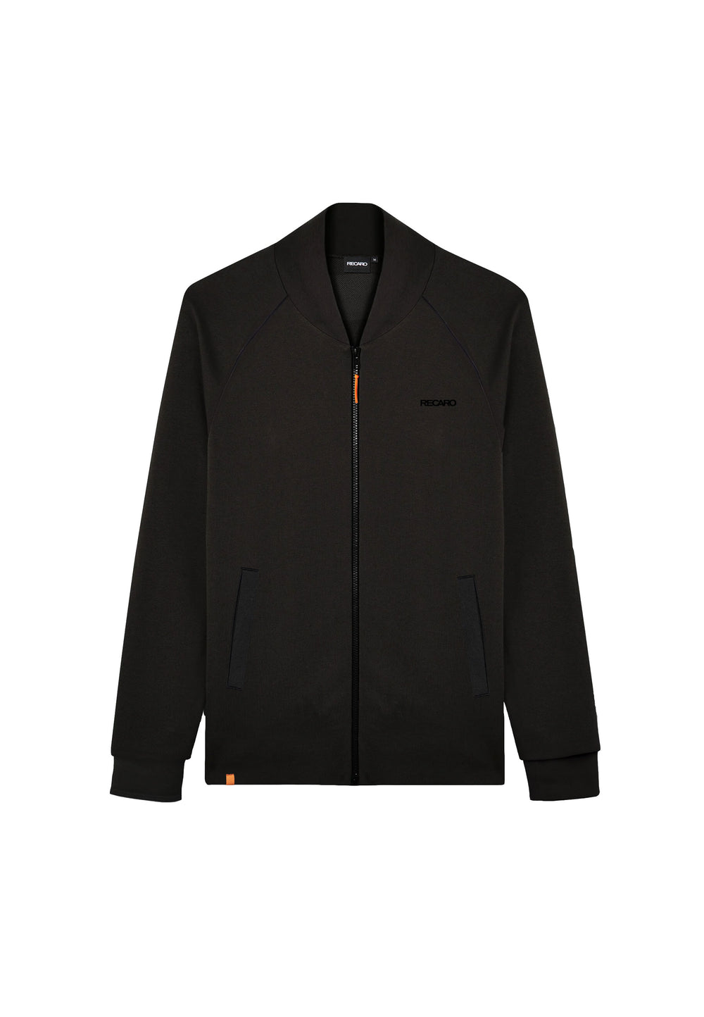 Auf weißem Hintergrund ist ein schwarzer RECARO_Merchandising Sweatblouson mit Raglanärmeln, Stehkragen, zwei Fronttaschen und dezentem schwarzen Logotext auf der linken Brust abgebildet.